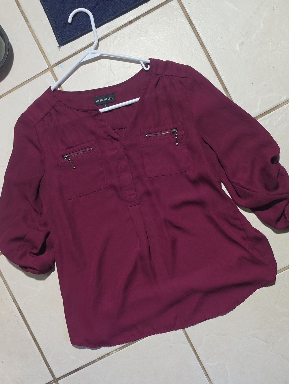 My Michelle Women's Burgundy Zip-Pocket Blouse